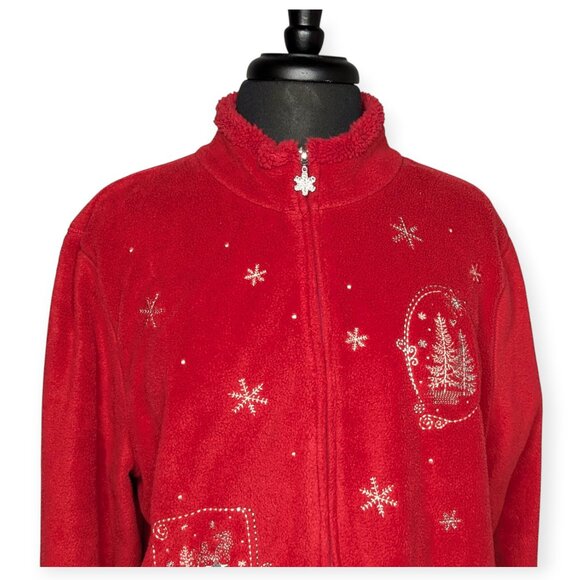 Croft & Barrow Festive Red Zip Front Fleece Jacket Snowflake Design Size PXL - Picture 2 of 15